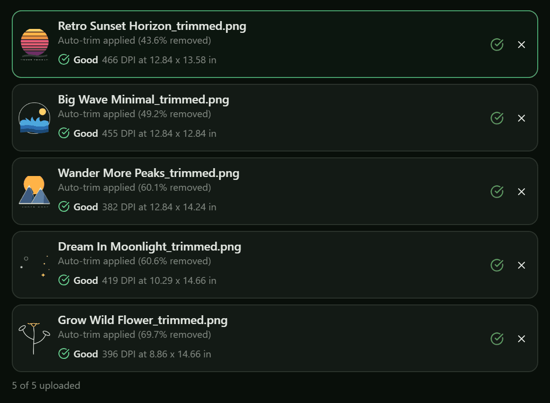Upload list showing each file's auto-trim result and print-quality grade in DPI.